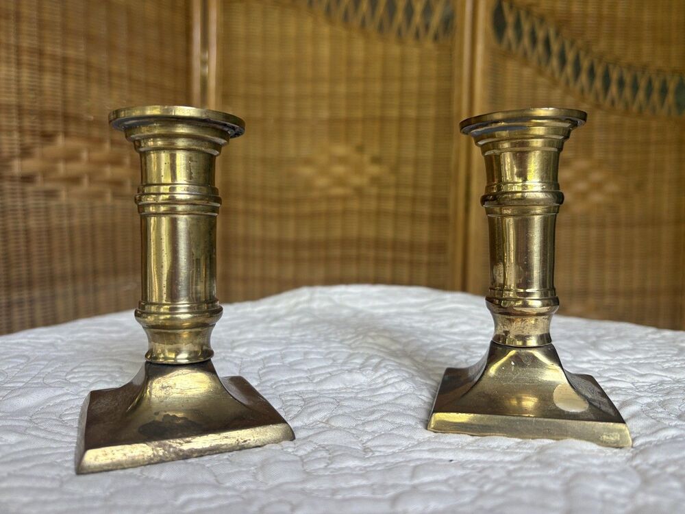 Vintage Brass Candlestick Holders Square Base Pair Traditional Decor